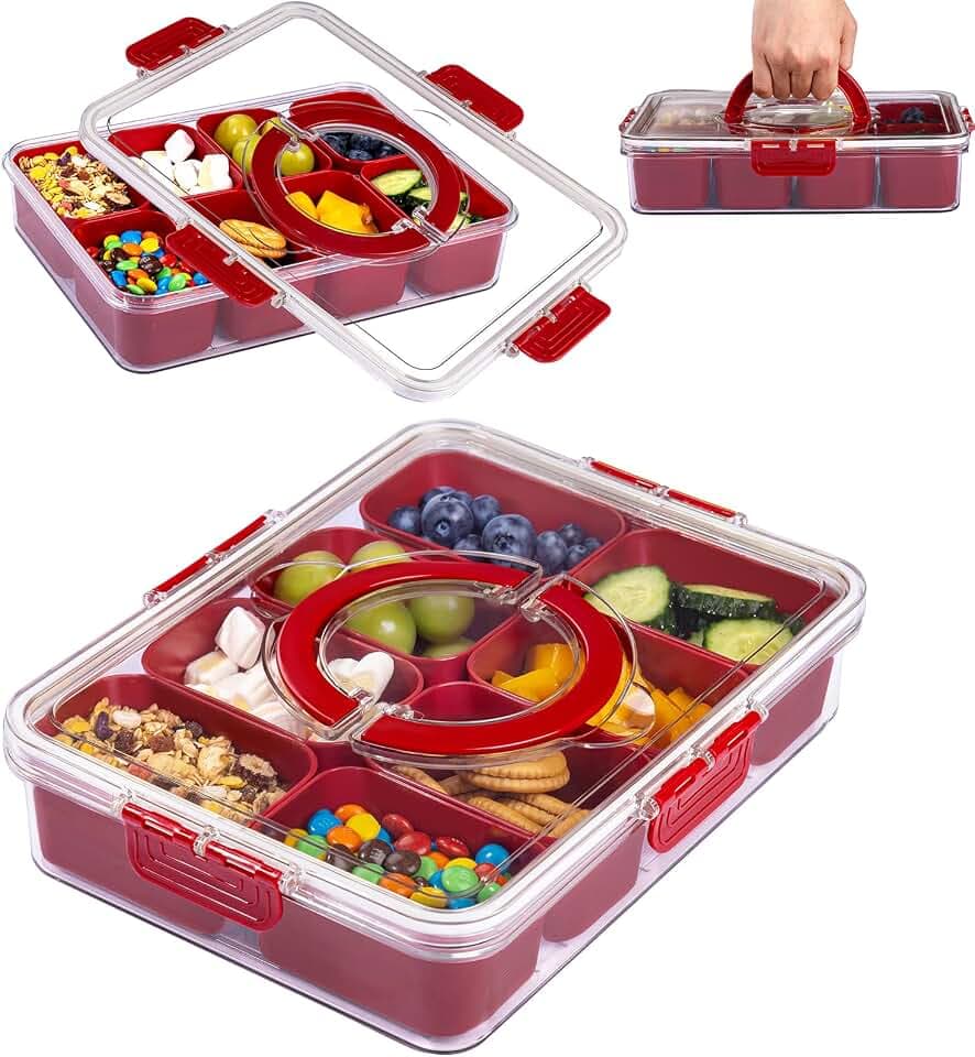 U-QE Dishwasher Safe Snackle Box Container with 8 Small Snacks Box - Premium Red Plastic Divided Serving Tray with Lid and Handle for Snack, Veggie, Fruits, Perfect for Party, Picnic, Entertaining