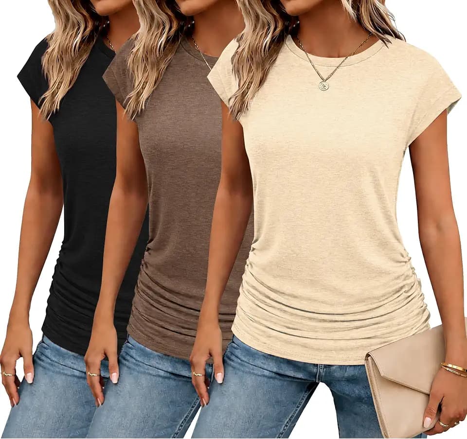 Zeagoo Women's Cap Short Sleeve T-Shirts Ruched Crew Neck Trendy Fashion Tunic Blouse