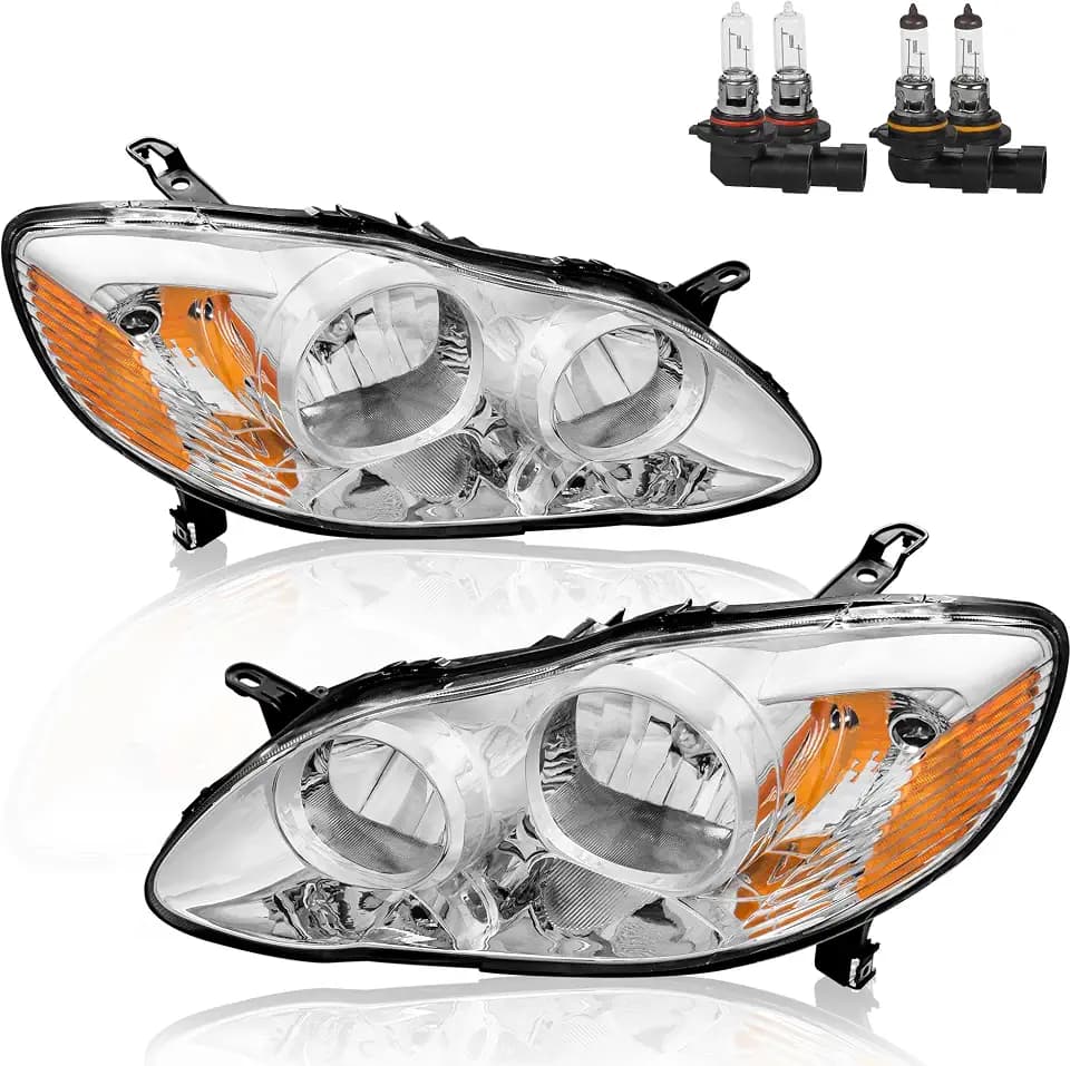 KUIPERAUTO Headlights Assembly Compatible for 2003 2004 2005 2006 2007 2008 Toyota Corolla Halogen with Clear Lens Chrome Housing Amber Reflector Front Lamps Driver and Passenger Side(Set of 2)