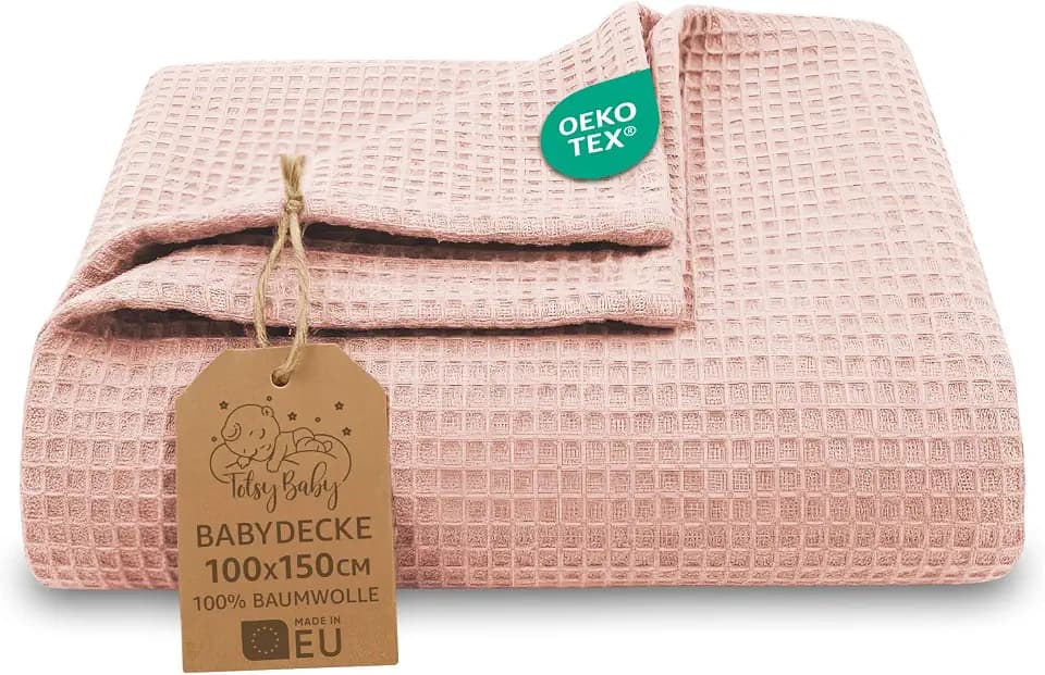 Waffeldecke Baby Ganzjahresdecke Babydecke 100x150 cm - Kinder Baumwoll Waffelpiqué atmungsaktiv leichte Übergangsdecke Decke – Kinderwagendecke Tagesdecke Neugeborene Oeko-Tex Rosa