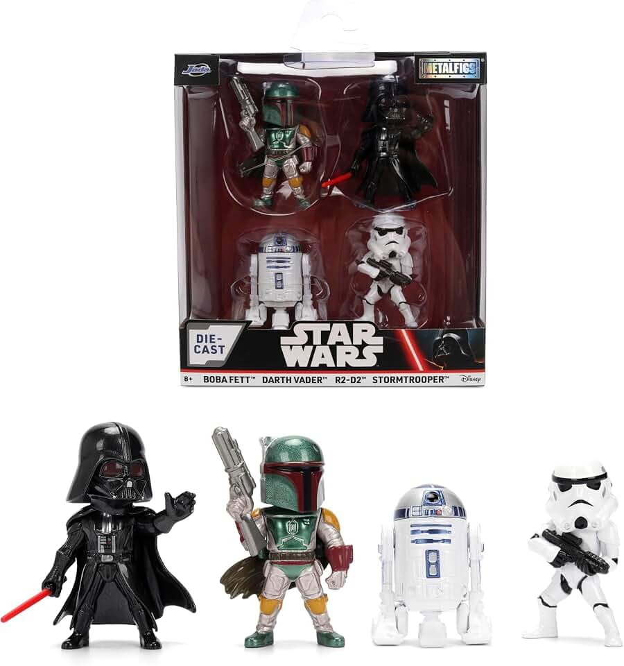 Jada Star Wars Metalfigs 4-Pack – Darth Vader, Stormtrooper, R2-D2, Boba Fett (Classic) Die-Cast Figures 2.5” Scale – Stylized Display Set Toys