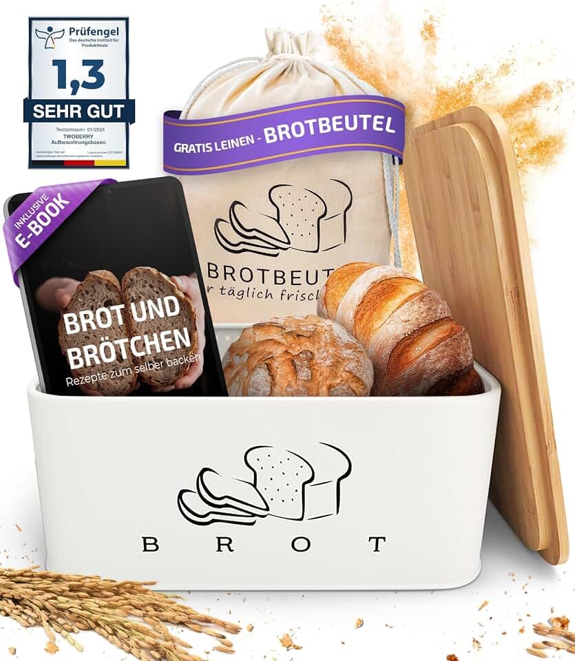 TWOBERRY Brotkasten Weiß - Brotbox mit Bambusdeckel als Schneidebrett