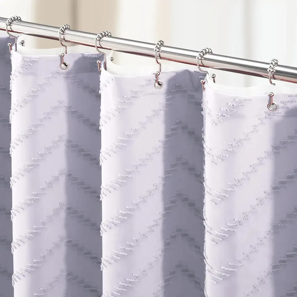 Dynamene Long Shower Curtain and Liner Set - 78 inch Tall Boho Shower Curtain and Waterproof Clear Liner, Tufted Chevron Striped Textured Tassel Shower Curtains for Bathroom, 12 Hooks, 72x78, Lavender