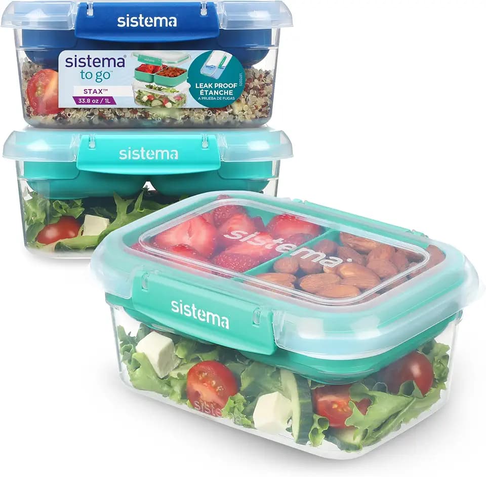 Sistema To Go Stax Frischhaltedosen | 1 L | 3 luftdichte Behälter mit Fächern | Auslaufsichere Versiegelung | Lunchbox Kinder & Erwachsene