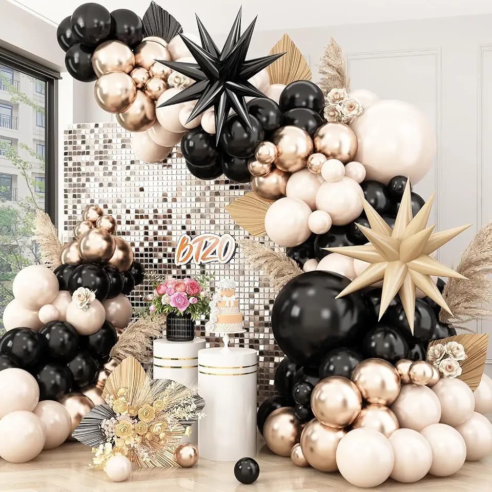 Black and Gold Balloon Arch Kit With Cream Star Foil Balloon