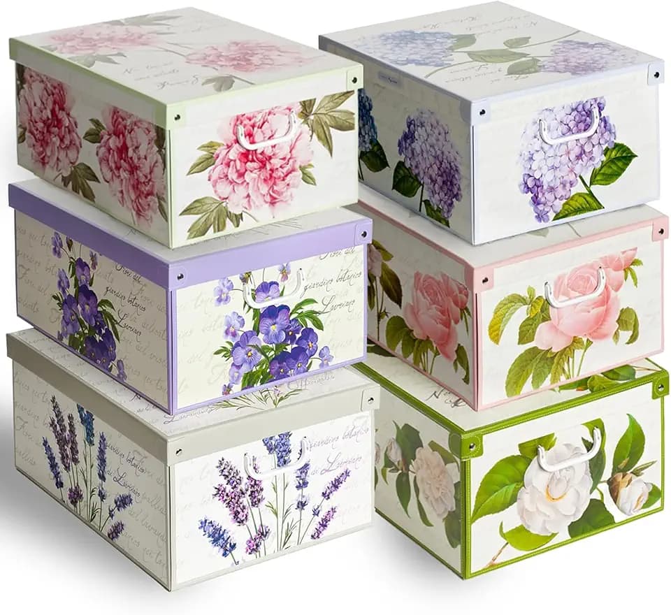 Lavatelli: Storage Box 6 Pack: Large - Flower Mix - Lid & Handles, Decorative Cardboard Organizer, Stack-Fold, Home-Clothes-Linens, 19.7 x 15.4 x 9.4
