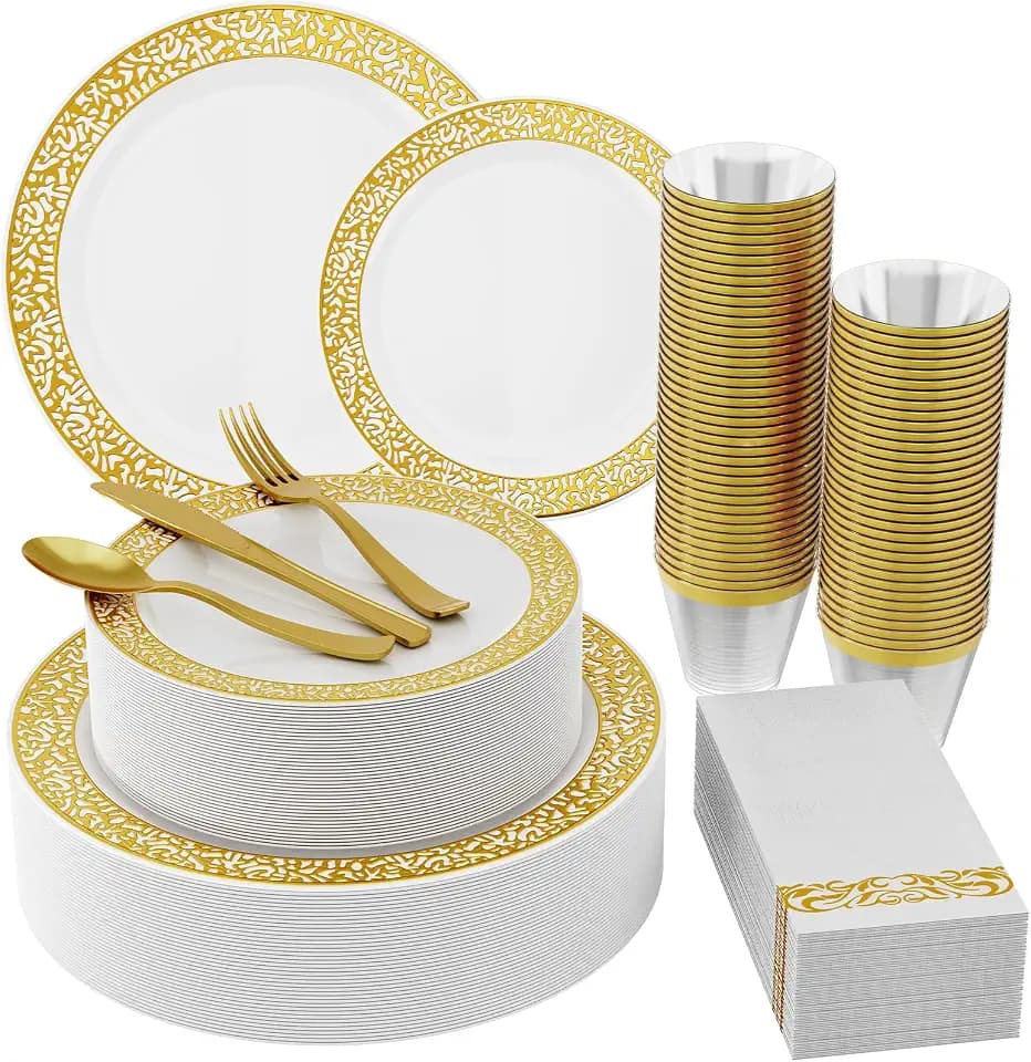 210 PCS Plastic Plates Set With Gold Rim Dinnerware Set for 30 Guests