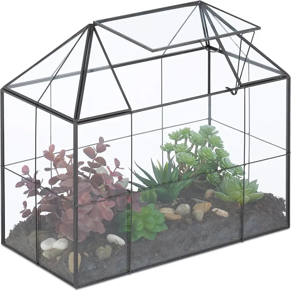 Relaxdays Pflanzenterrarium, Glas & Kupfer, Deko Glashaus für Kakteen & Moos, Glaskasten für Fensterbank, Farbwahl
