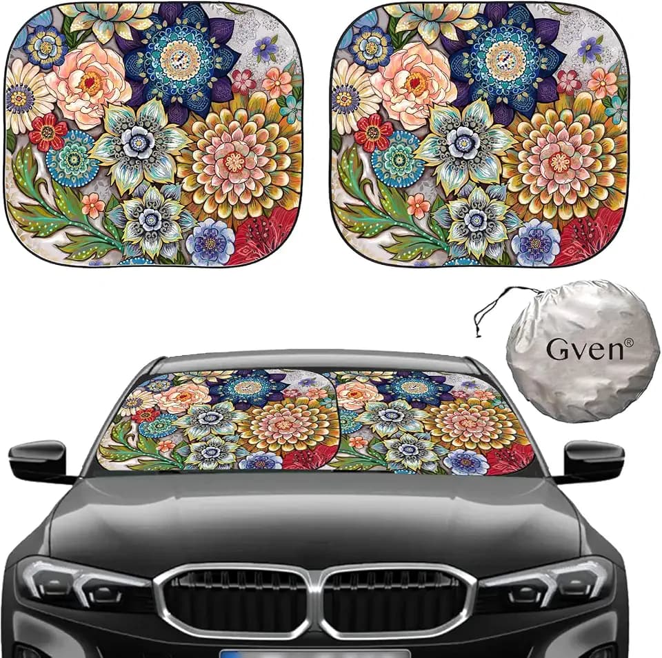 Gven Windshield Sun Shade for Car 2-Piece Foldable Sunshade for Front Windows, Blocks UV Rays, Automotive Interior Sun Protection Car Summer Accessories（Floral,S）