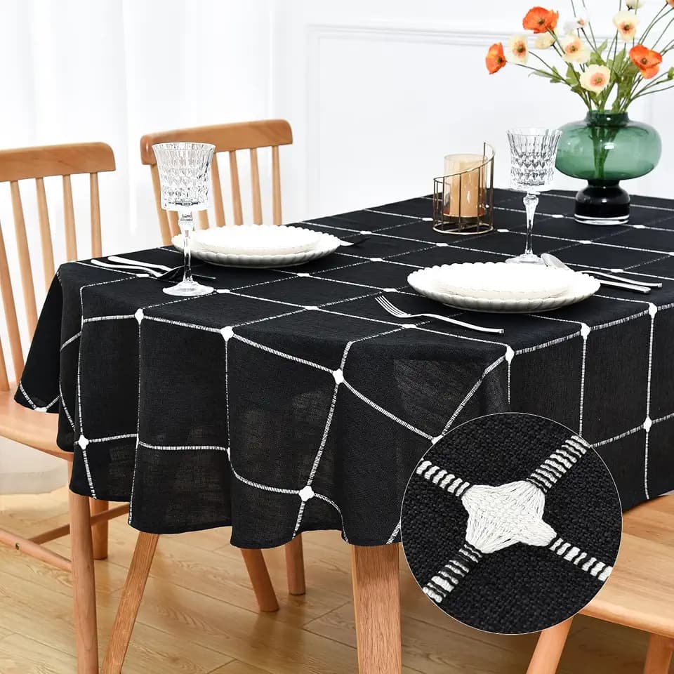 NEWISHER Farmhouse Embroidered Plaid Oval Tablecloth 52 x 70 Inch