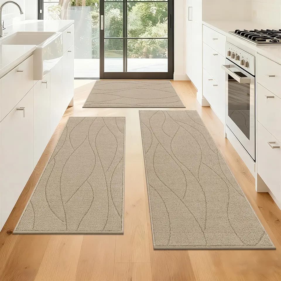 Bsmathom Kitchen Rugs Sets of 3, Non Slip Kitchen Runner, Machine Washable Non Skid Kitchen Rug, Kitchen Floor Mat for Hallway Entryway Laundry Room, Beige