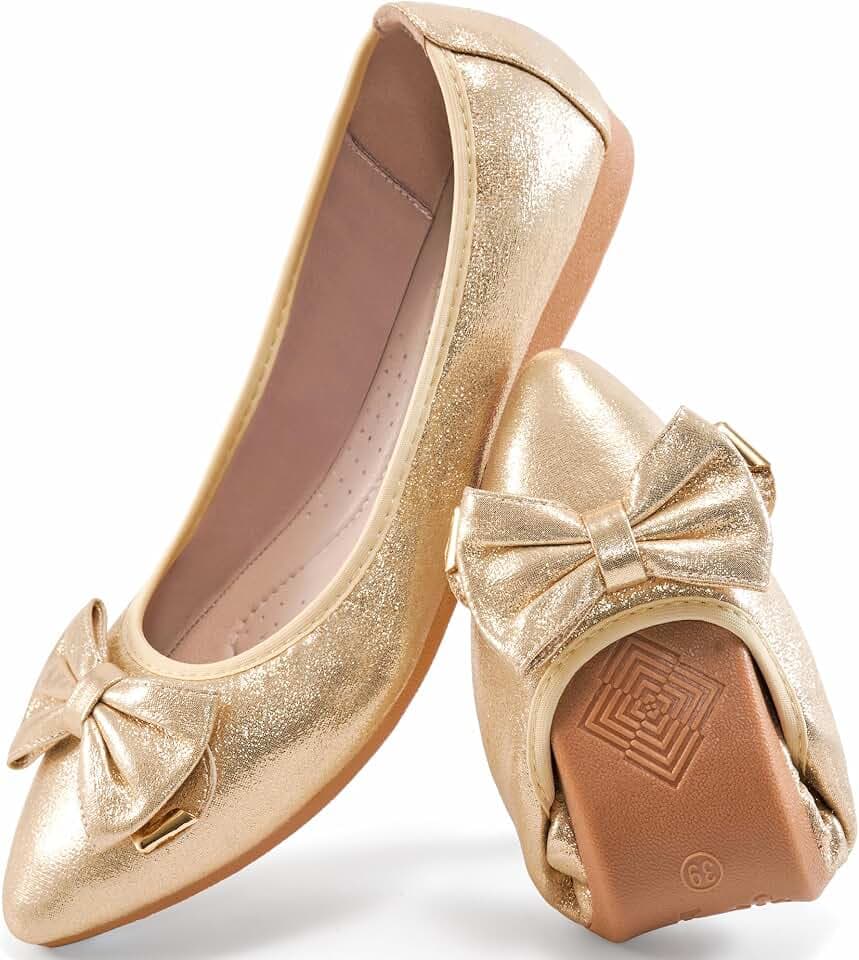 FUDYNMALC Women's Ballet Flats Comfortable: Foldable Pointed Toe Dress Shoes Slip On Loafers with Bow for Office Wedding Work
