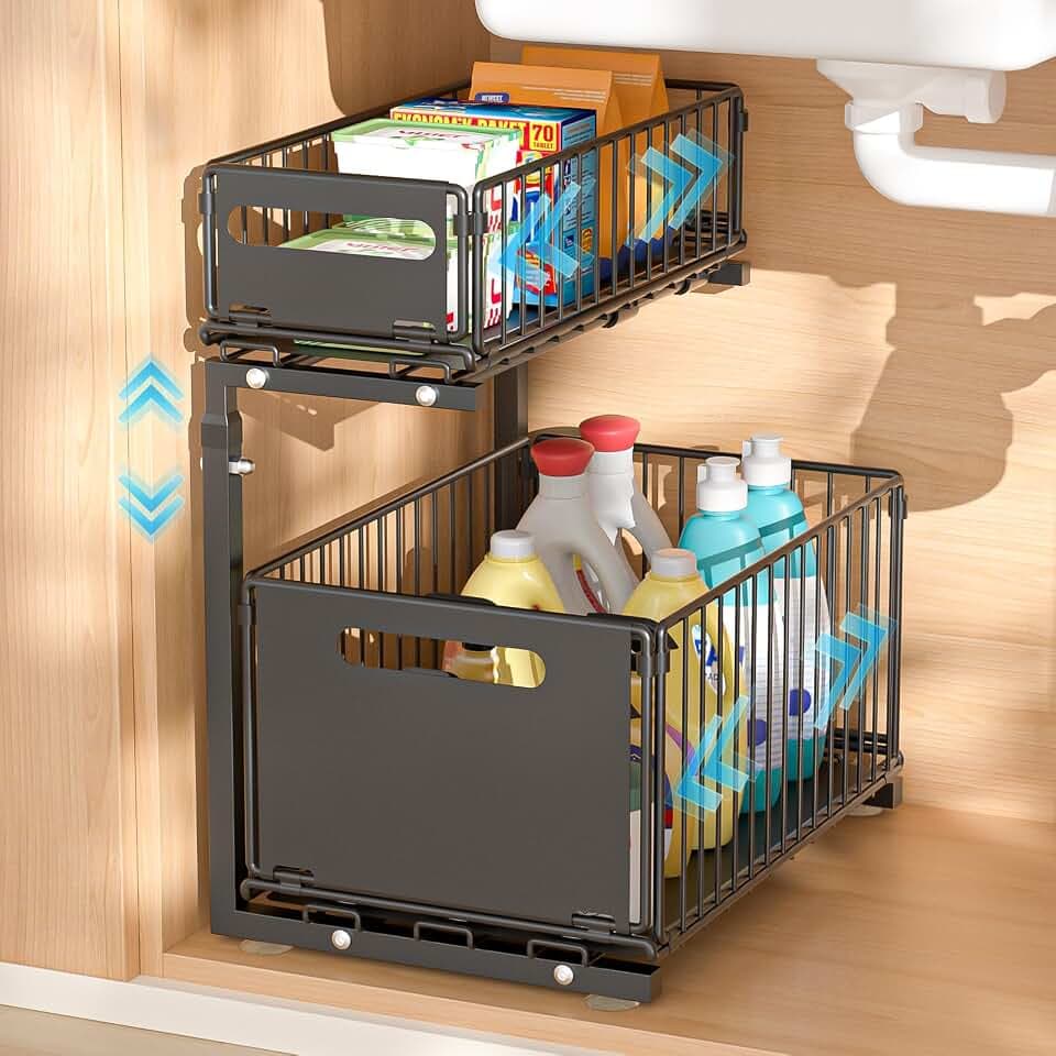 2 Etagen Spülschrank Organizer Ausziehbar,Höhenverstellbar küchen Organizer,Metall Spülenunterschrank Organizer,Gewürzregal,für Küche,Bad,Schrank,Schwarz,1 Stück