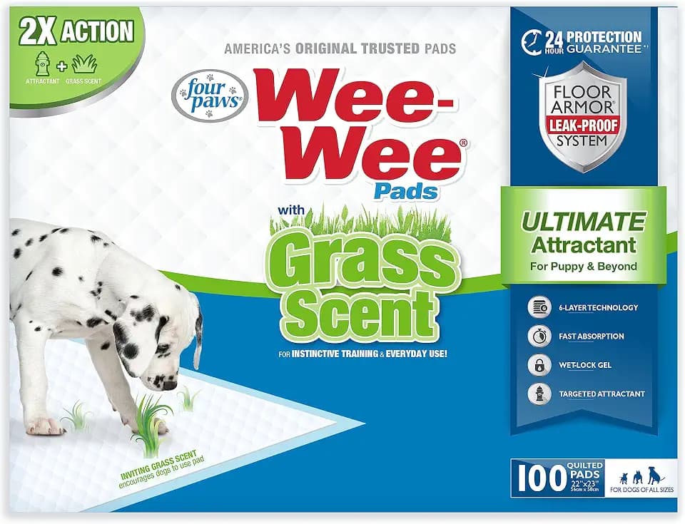 Four Paws Wee-Wee Ultimate Attractant Dog Pee Pads, Grass Scent, 100 Count