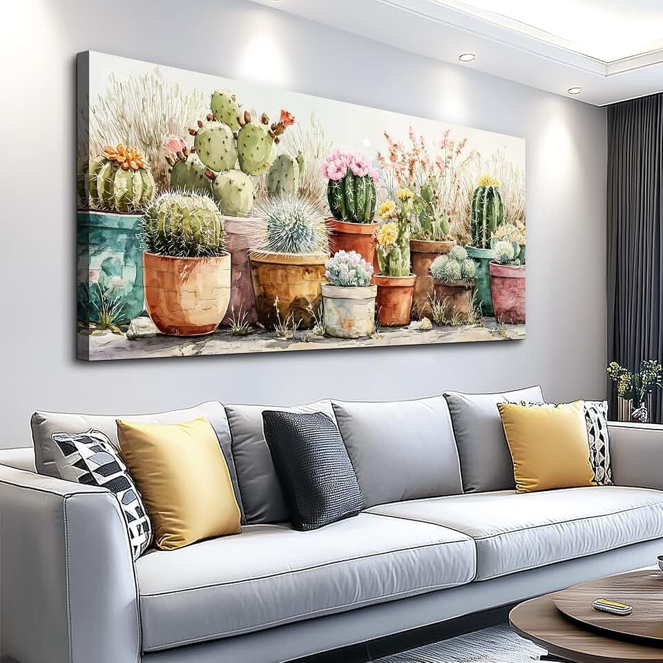 Canvas Wall Art for Living Room Wall Decor for Bedroom Office Wall Decoration Watercolor Cactus Garden Landscape Painting Artwork Room Aesthetic Home Decor 20x40 in