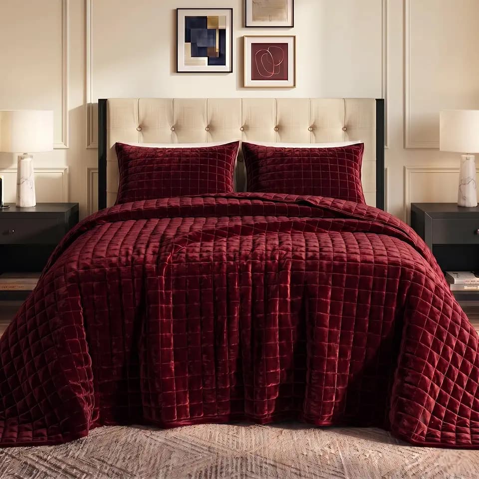 Tribeca Living Luxury Velvet Quilt Queen Size Set - 260GSM Ultra-Soft Oversized Velvet Bedspread Comforter Set with 2 Shams, in Florence Burgundy