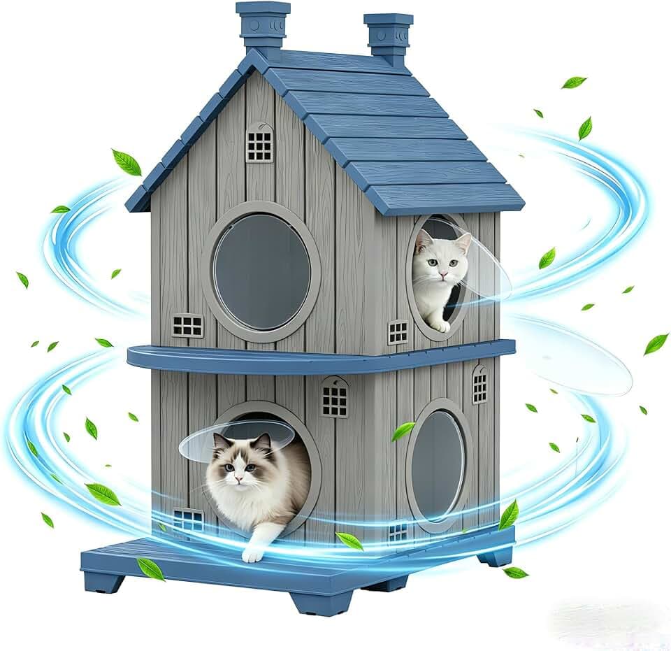 Cat House Outdoor, Resin Cat Houses for Outdoor Indoor Cats, Outdoor Cat House Weatherproof with Elevated Base, Litter Box Enclosure with Anti-Slip Pad, Ventilation, Double-Story, Blue