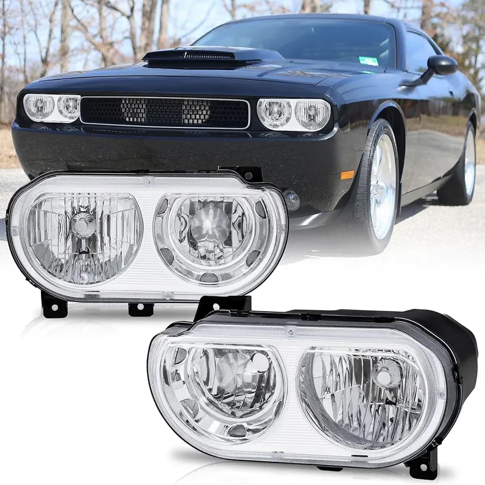 KUIPERAUTO Headlights Assembly Compatible for 2008 2009 2010 2011 2012 2013 2014 Dodge Challenger Chrome Housing Clear Reflector
