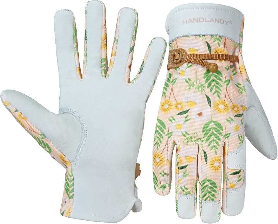 HANDLANDY Leder Gartenhandschuhe Arbeitshandschuhe für Damen und Herren kratzfeste atmungsaktive Handschuhe für Garten Hof Mechaniker Bauarbeiten (Weiß, M)