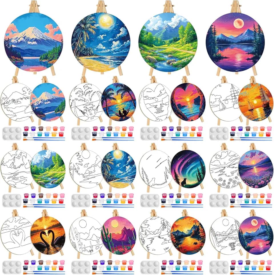 Supervitae 72 Pcs Scenery Round Pre Drawn Canvas Paint & Sip Kit for Adults