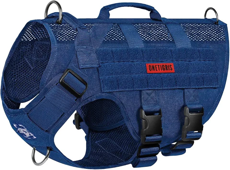 OneTigris Anti Zug Hundegeschirr Mittelgroße Hunde, AIRE MESH Taktisches Geschirr mit 2 Griff & 3 D-Ringen, No Pull Hundegeschirr Grosse Hunde, Atmungsaktiv Verstellbar Brustgeschirr, Blau M