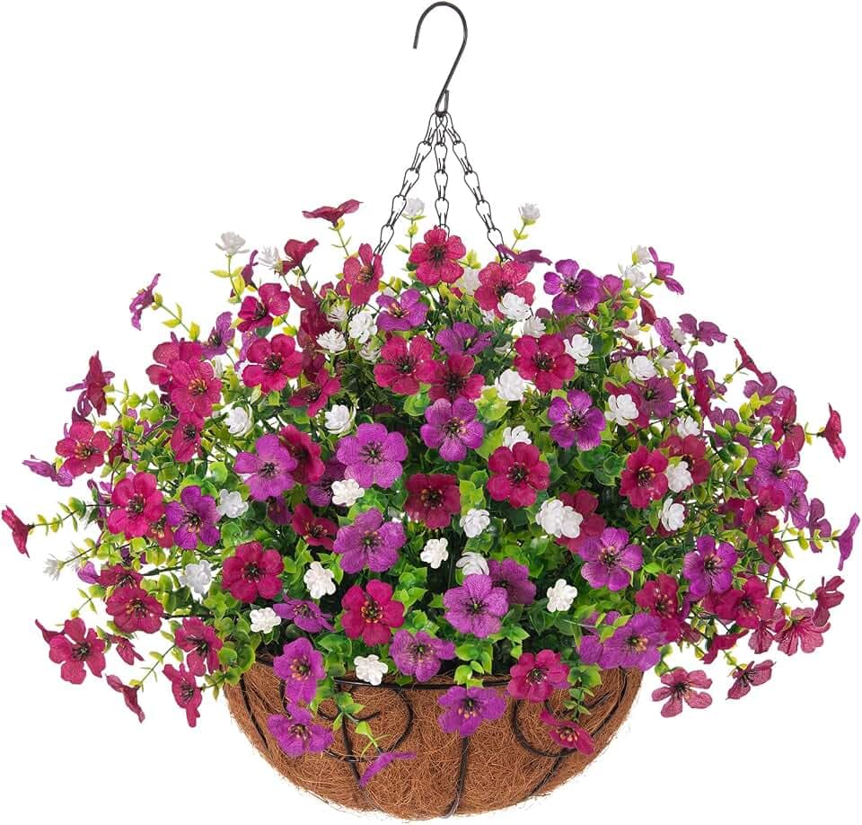 Ammyoo Artificial Mums Fake Flowers Basket for Outdoor Decor