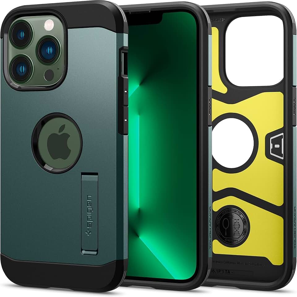 Spigen iPhone 13 Pro Hülle Tough Armor -Midnight Green | Integrierter Kickstand, Air Cushion Tech, Military-Grade Schutz