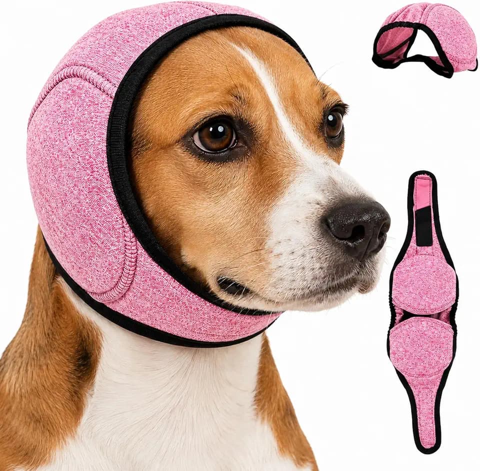 Noise Cancelling Ear Wrap,Quiet Dogs Calming Hoodie,Waterproof Dog Calming Hood,Dog No Shake Ear Muffs Noise Protection Firework Thunder Vacuum,Adjustable for Grooming Bathing & Swimming(Pink-l)