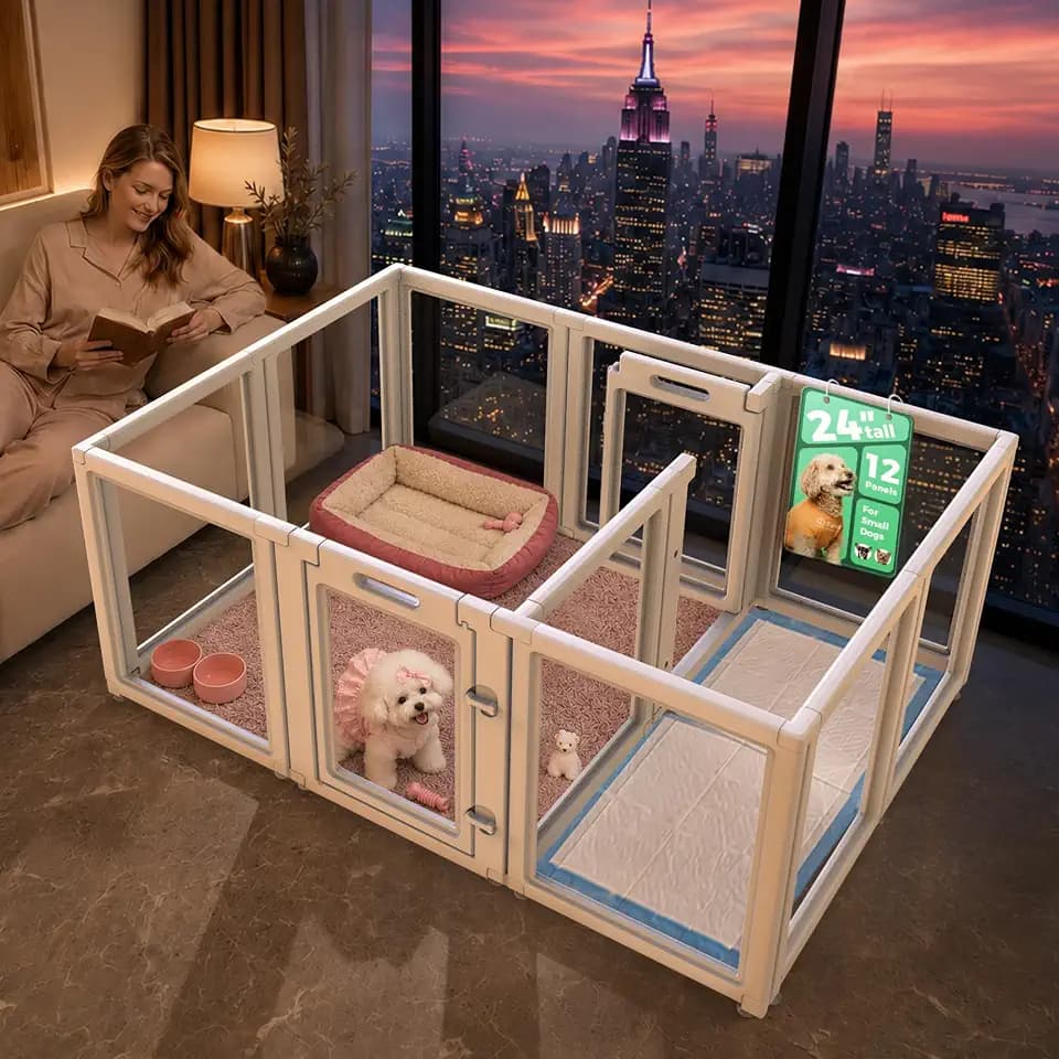 FXW AuraSpace Clear Acrylic Indoor Dog Playpen, 24" H, 12 Panels, White