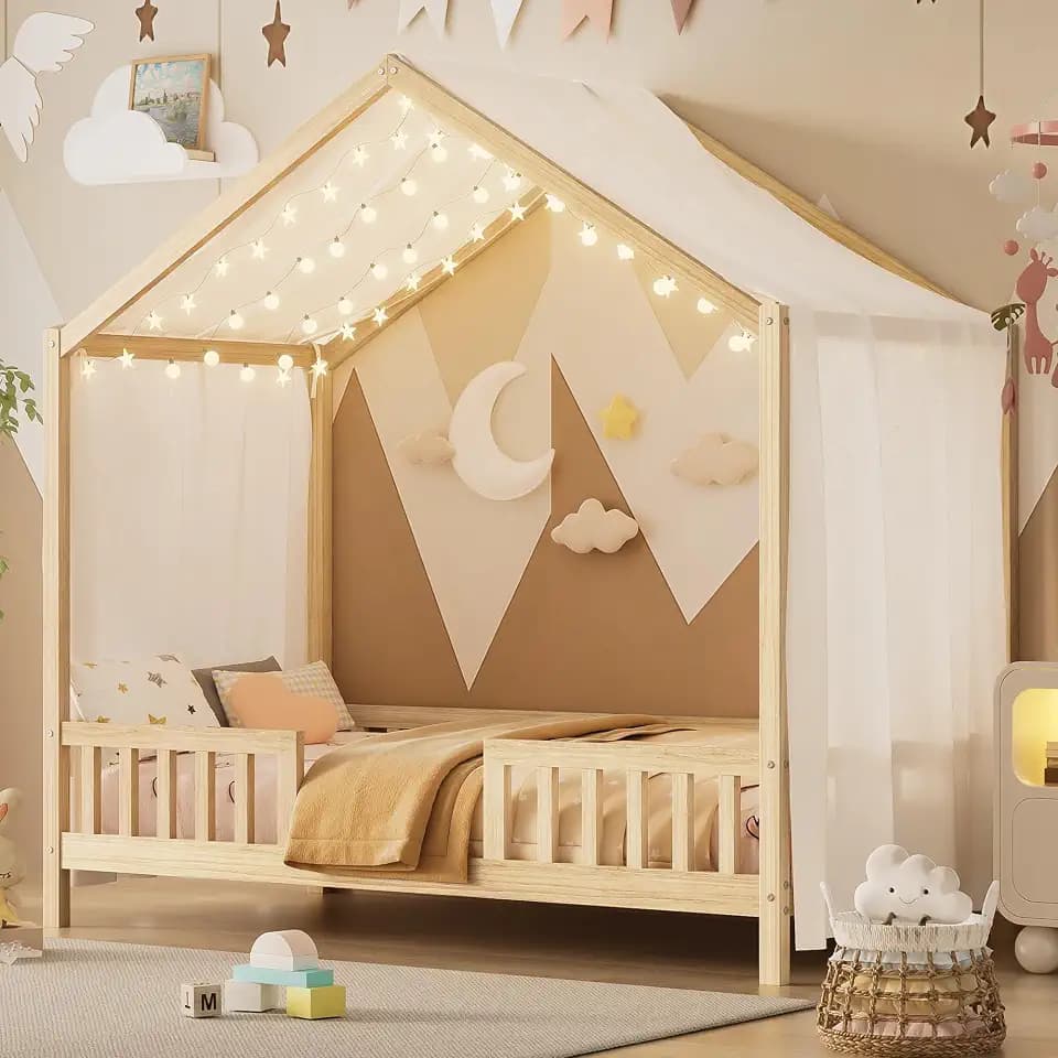 Merax Montessori Floor House Bed with Canopy, Twin Size House Shape Bed Frame with High Railings, Wood Bed with Roof, Natural