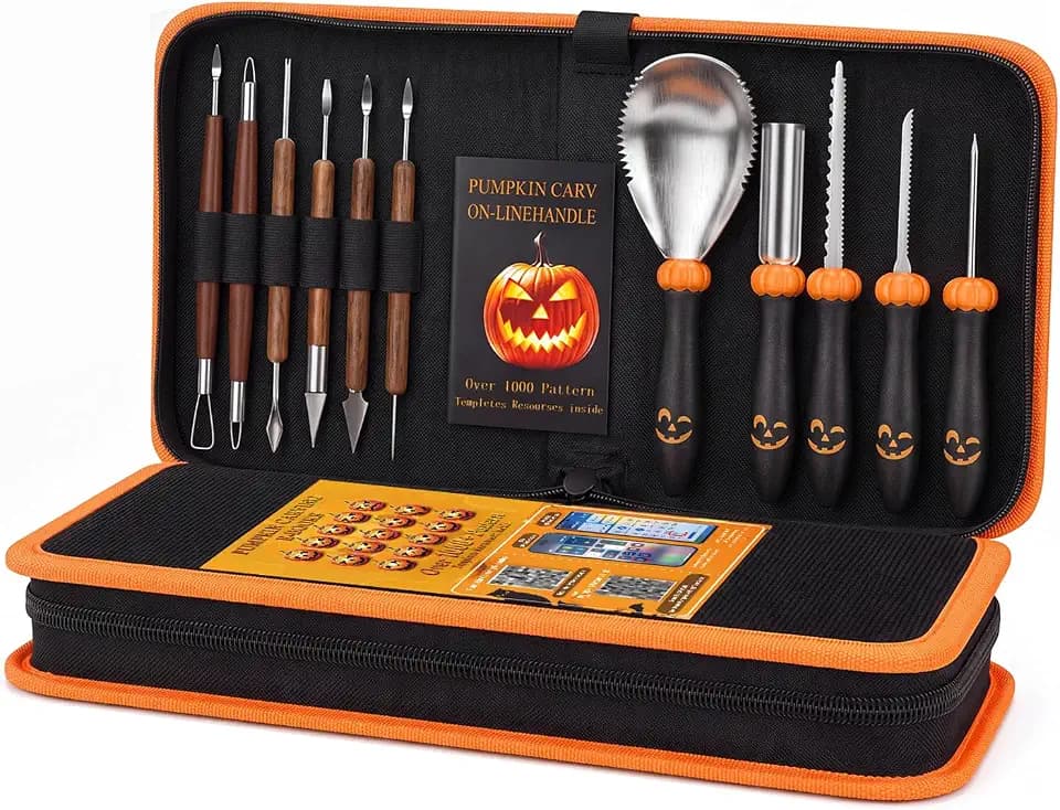 Professional Pumpkin Carving Kit Tools for Adults & Kids – Heavy-Duty Stainless Steel Sculpting Knives & Detail Tools with Storage Case for Halloween Decoration Jack-O-Lanterns - Black