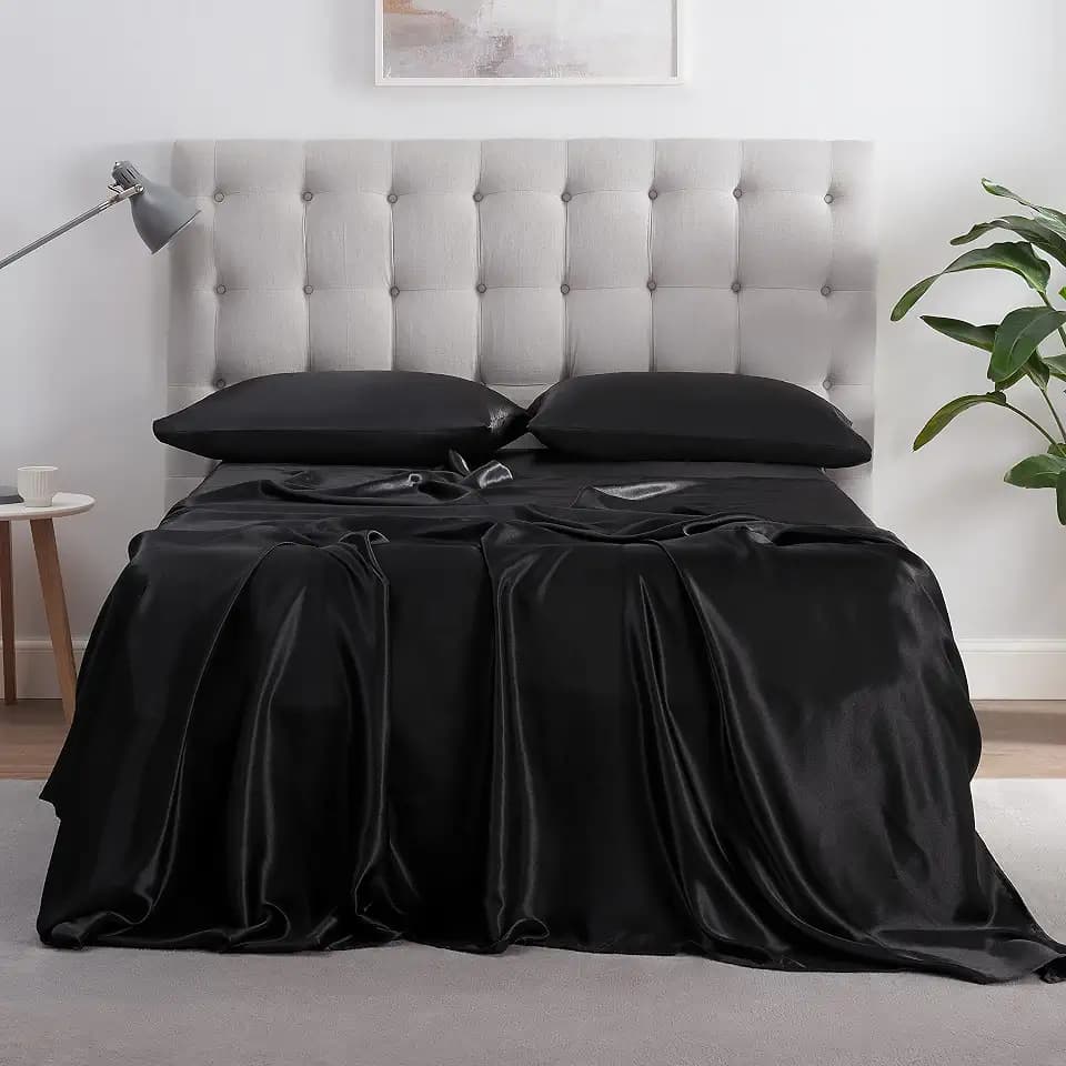 Serta SatinLuxury Bettwäsche-Set mit Kissenbezügen, weich, leicht, tief, seidig, Satin, Schwarz
