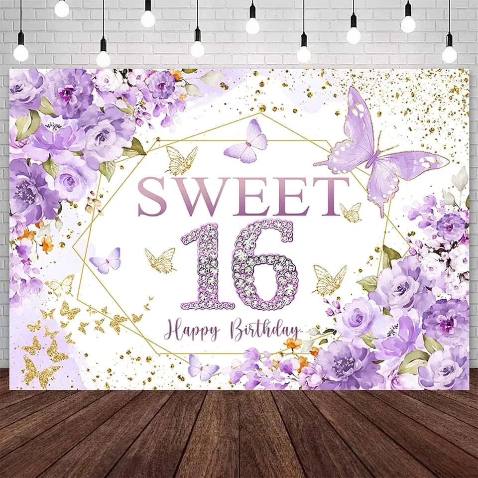 Sensfun Sweet 16 Backdrop Purple Flower Butterfly 16th Birthday Photography Background Roses Floral Glitter Gold Dots Princess Girls Sweet 16 Party Banner Cake Table Decorations Photo Booth 7x5ft