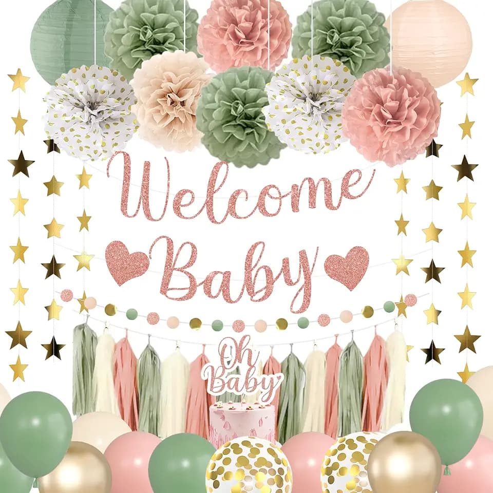 Amandir Sage Green and Pink Baby Shower Decorations Welcome Baby Banner
