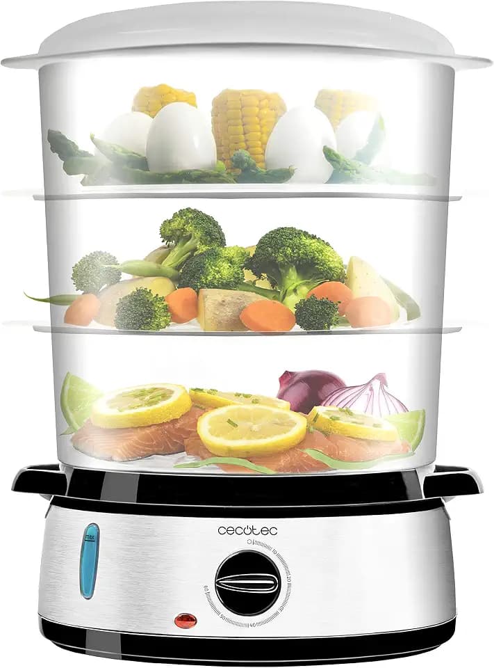 Cecotec Elektrischer Dampfgarer Vapovita 3000 Inox, 3 Unabhängige Behälter, Reisschale, 60 Min Timer, 2 seitliche Wassereinlässe, Grau, 800W, BPA-frei, Spülmaschinengeeignet, Edelstahl, 9L Kapazität