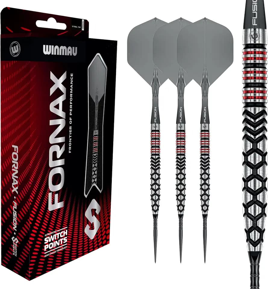 WINMAU FORNAX Darts – Professionelle Darts 90% Wolfram, Schwarze/rote parallele & konische Barrels, Switch Point, 2 Spitzen, Kurze Schäfte & Flights, 21/22/23/24 g Darts