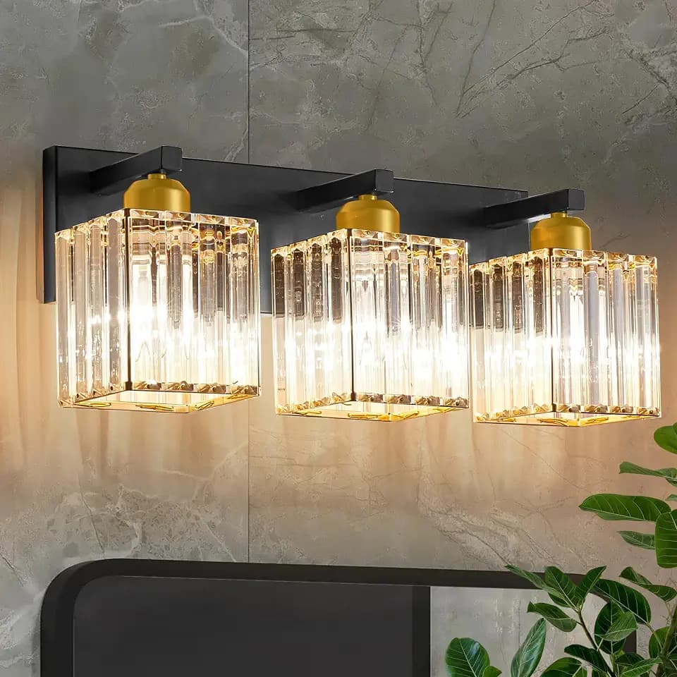 DIAMONDFORGE Bathroom Vanity Light Fixtures Over Mirror - Makeup Lighting Black Gold - for Modern Wall, Bath, Desk, Farmhouse, Hallway 3 Crystal Lights