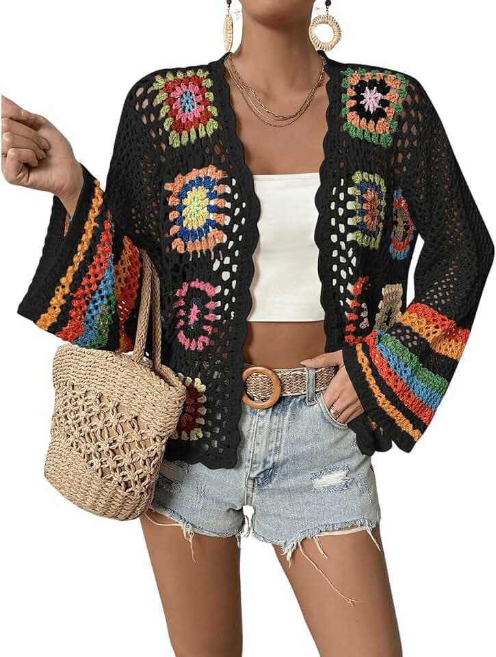 IDEALSANXUN Womens Floral Crochet Cardigan Sweaters Hollow Out Lightweight Jackets