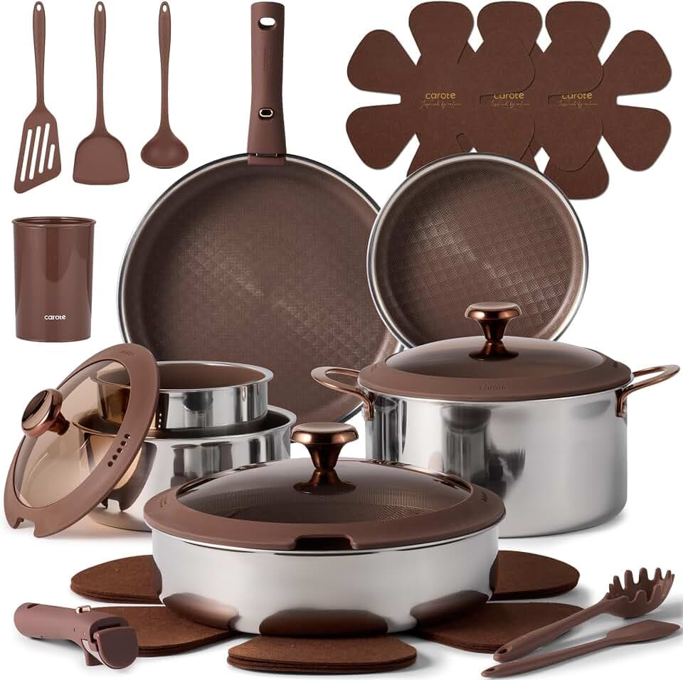 CAROTE 22pcs Hybrid Nonstick Pots and Pans Set, Stainless Steel Cookware Set with Honeycomb Titanium Interior, Induction Safe, Oven Safe, Brown (PFOS, PFOA Free)