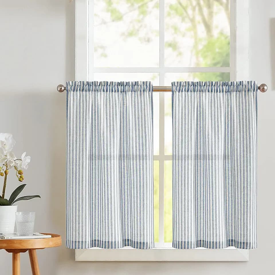 Vangao Blue Stripe Linen Tiers Curtains 24 Inch Farmhouse 2 Panels