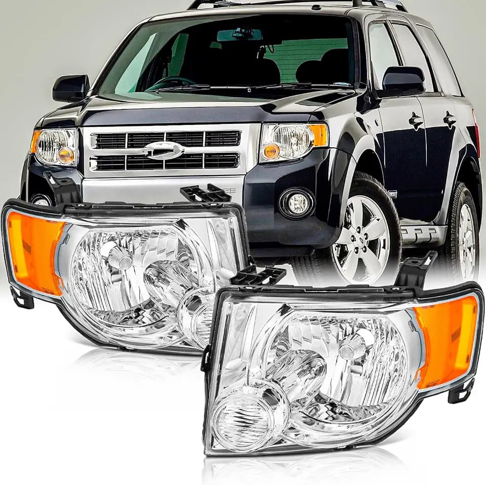 Headlights Assembly Pair for 2008 2009 2010 2011 2012 Ford Escape XLS/XLT/Limited Head Lamps Replacement Driver and Passenger Side, Chrome Housing Amber Reflector