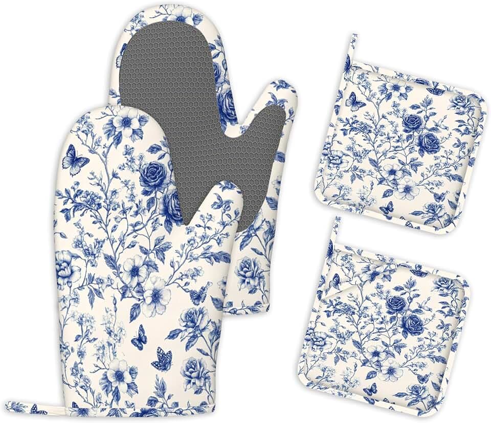 rutschfeste Ofenhandschuhe und Topflappen aus Silikon 4er Set Blau mit Blumenmuster Topfhandschuhe Hitzebeständig Küchenhandschuhe Backofen Handschuhe zum Kochen und Grillen