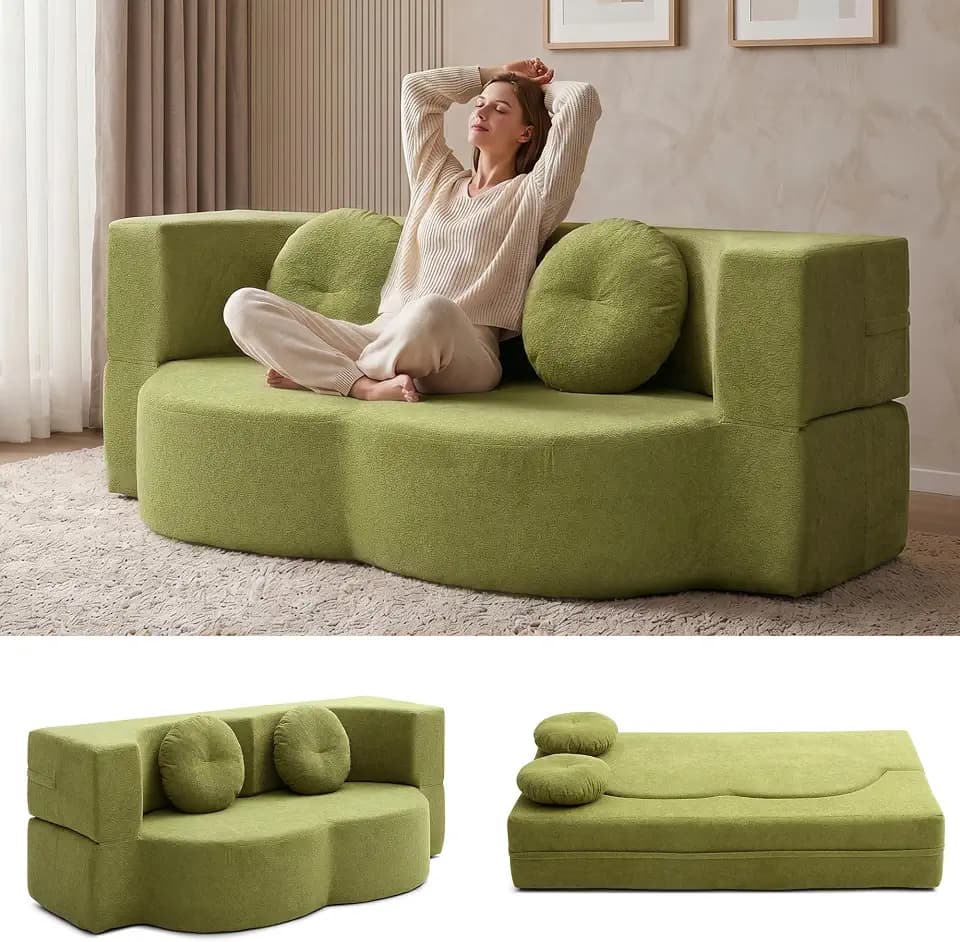 NicBex 75.5" Boneless Couch Futon Sofa Bed, 2-in-1 Sleeper Sofa, Green