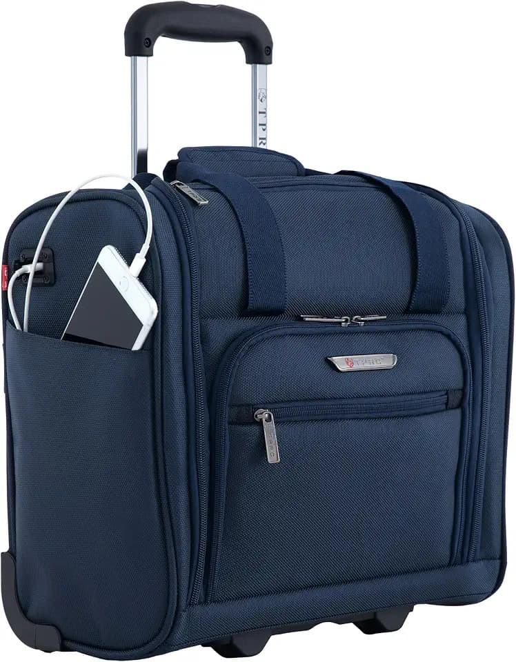 TPRC 15" Smart Underseat Carry-On Luggage with USB Charging Port, Navy Blue