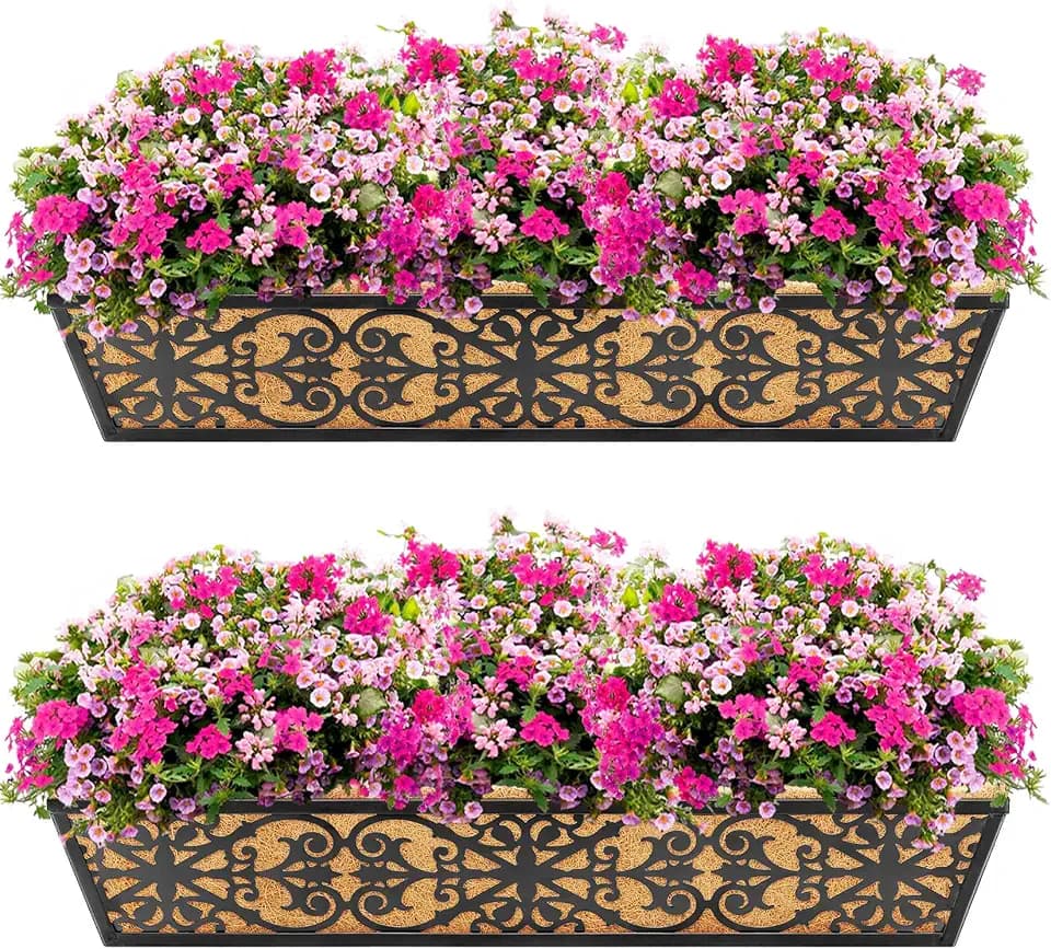 2 Pack 30 Inch Window Boxes Planters Railing Planter Box with Adjustable Brackets & Coco Liners Fabric Plant Grow Bags Deck Railing Planter Boxes Balcony Hanging Flower Box for Outdoor Plants