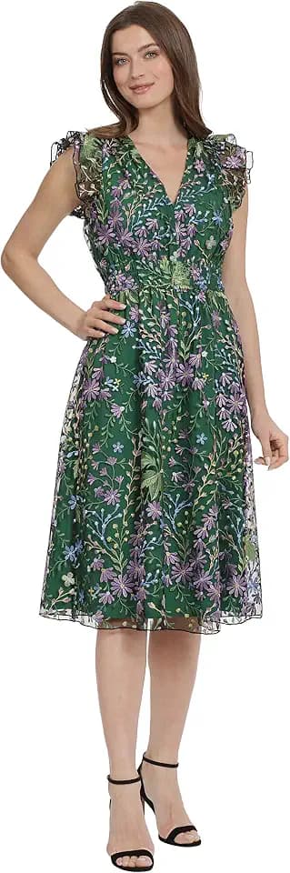 Maggy London Women's Dresses V-Neck Garden Floral Embroidered Dress Colorful Feminine Party Event Occasion Guest of