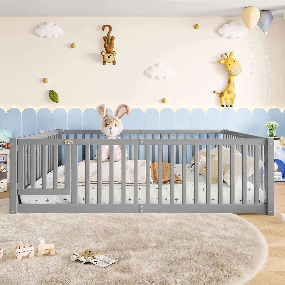 Bellemave Queen Size Kids Montessori Floor Bed with Door,Solid Wood Floor Bed Frame with High Fence for Girls,Boys,Gray