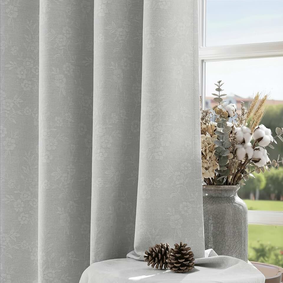 Beauoop Grey Floral Jacquard Blackout Curtains for Bedroom 52x84 2 Panels