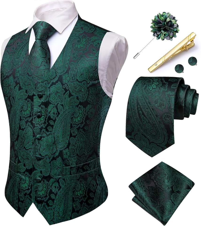 Hi-Tie Herren-Weste, Paisleymuster, formelle Seide, Hochzeit, Anzug, Weste, Jacquard-Krawatte, Einstecktuch, Set für Geschäftsparty, dunkelgrün, XXL