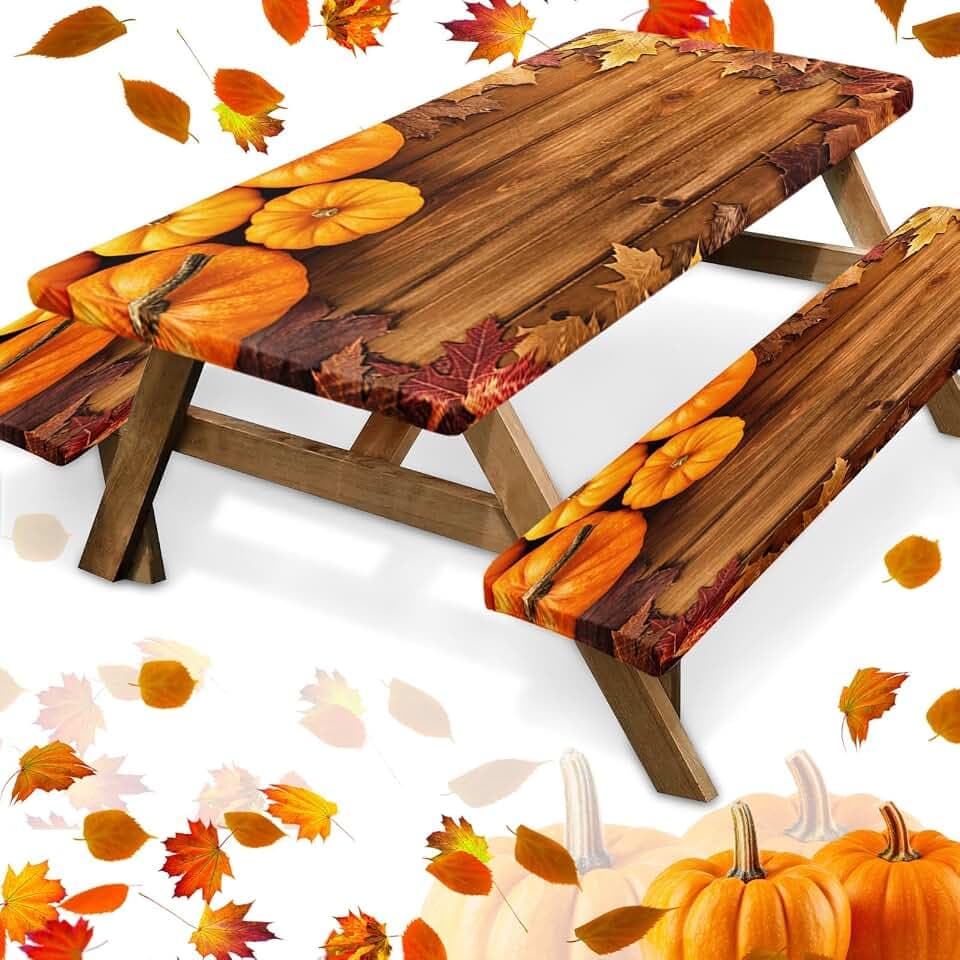 Picnic Table Cover with Bench Covers, Pumpkin Fall, 3 Pack, 72 Inch